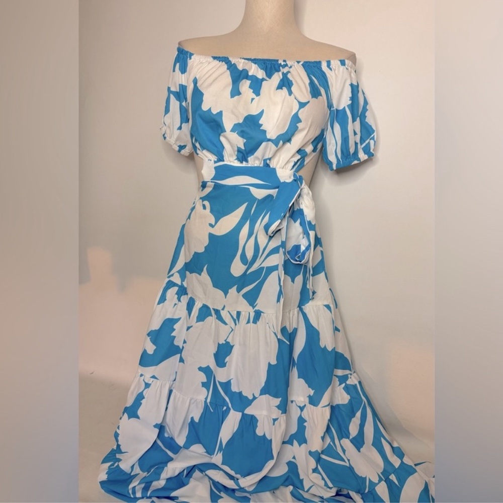 Elegant Blue Floral Spring wedding guest dress Off-Shoulder Boho maxi M NWOT - Picture 5 of 7
